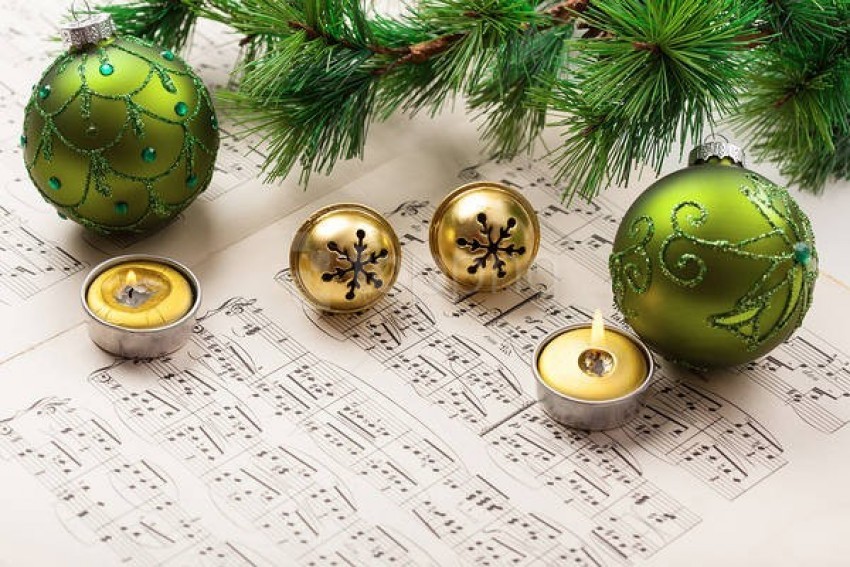 With Musical Score Christmas Ornaments And Pine Branch Background Best ...