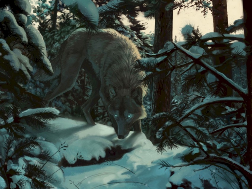 wolf, forest, snow, art, predator, trees