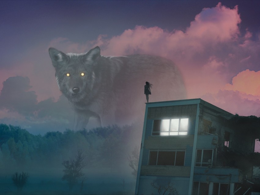 wolf, giant, girl, roof, fog, illusion