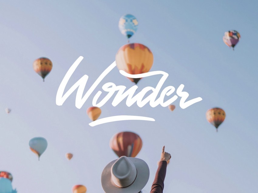 wonder, balloons, sky, inscription, girl, hat