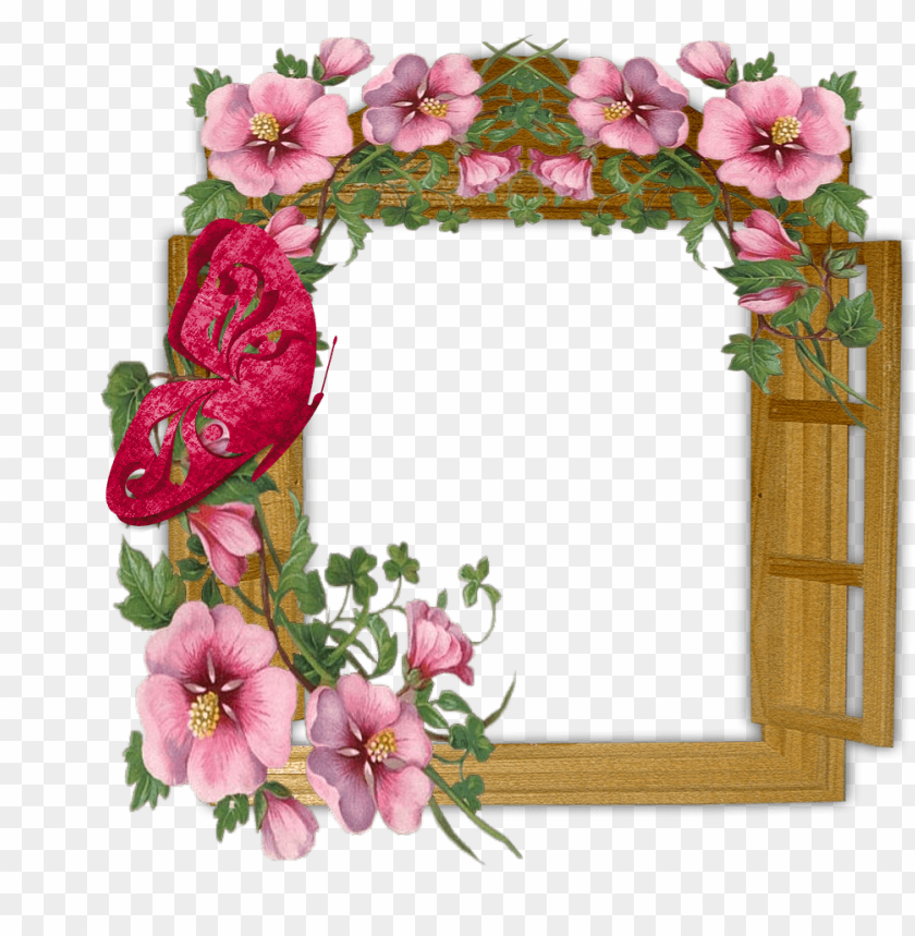 wooden winow with flowers and butterfly transparent frame background best stock photos - Image ID 57032