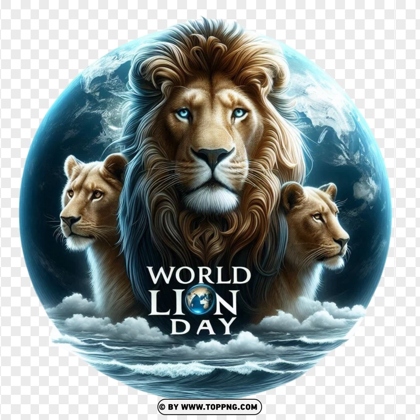 World Lion Day - Noble Lion With Cubs And Earth PNG Transparent Background