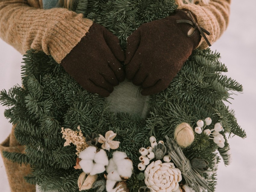 wreath, christmas, new year, hands, girl, winter