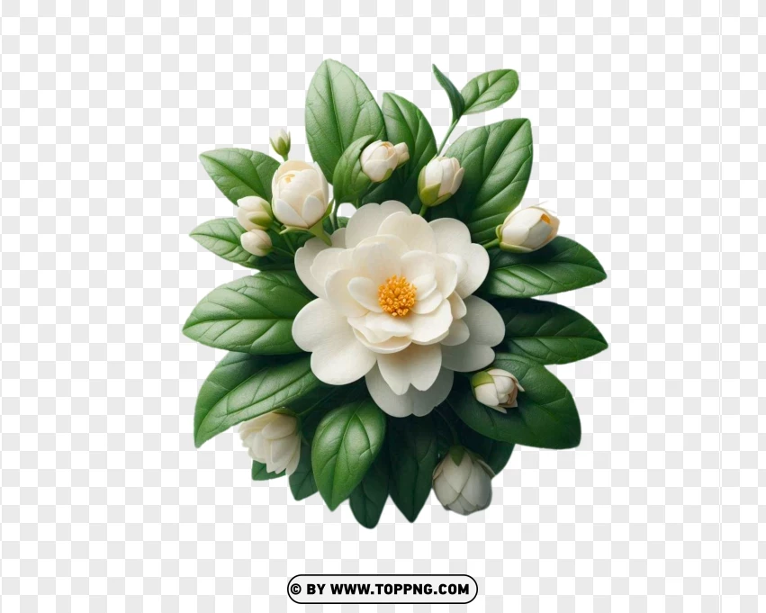 Top View Yasmine Rose With Green Leaves PNG Transparent Background