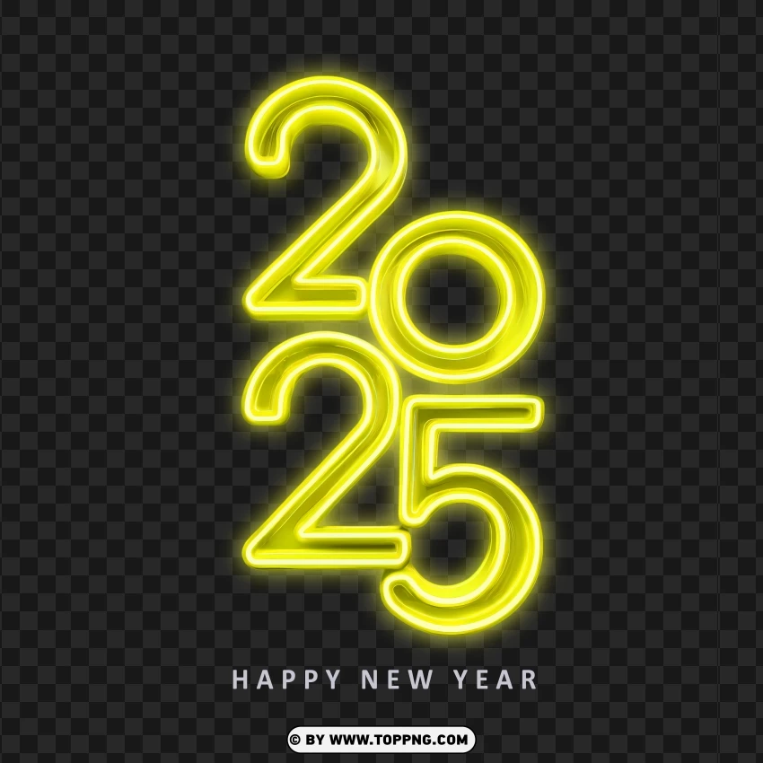 Yellow Neon 2025 Happy New Year Lettering PNG Transparent Background