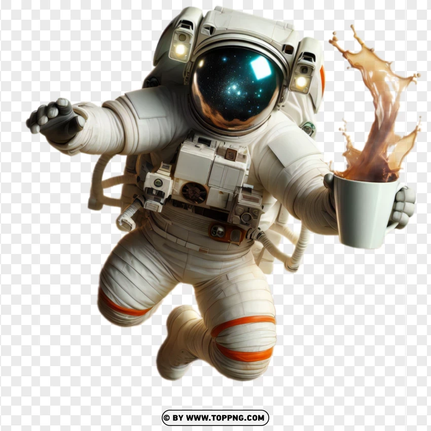 Astronaut floating in space with a burger and coffee png