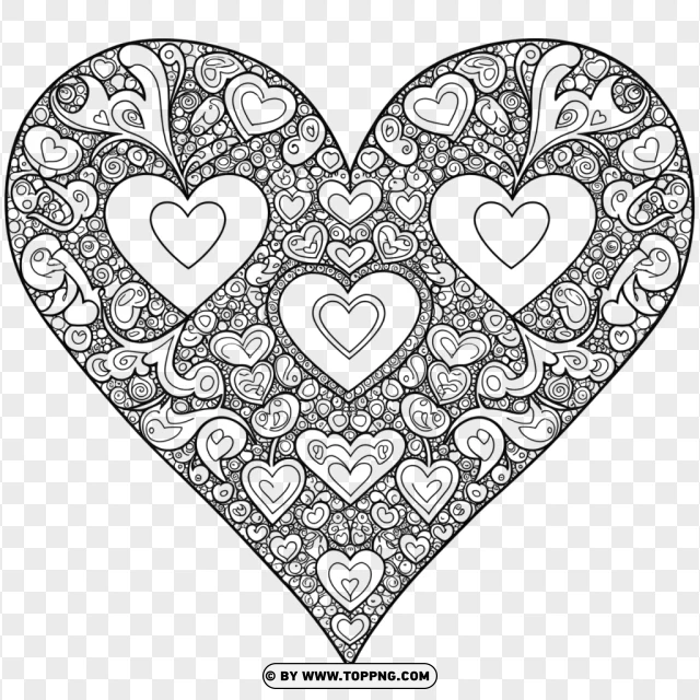Decorative Heart Coloring Page With Love Symbols PNG Transparent Background