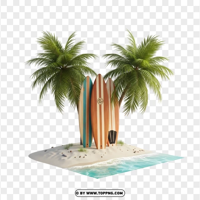 3D Beach Surfboards With Palm Trees Ocean View PNG Transparent Background