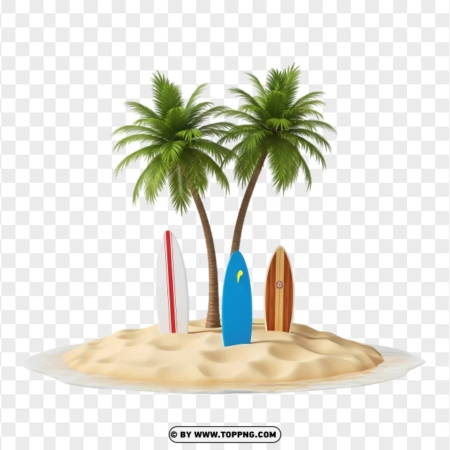 3D Tropical Island With Palm Trees And Surfboards PNG Transparent Background