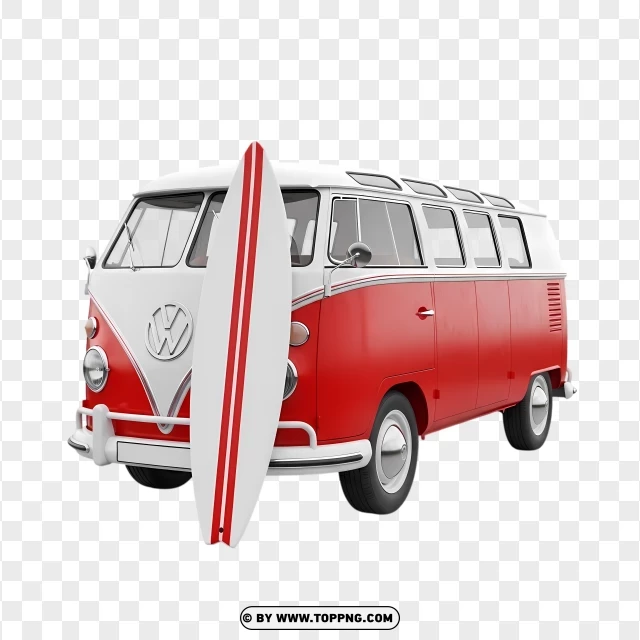 Classic Red Van With Single Surfboard PNG Transparent Background