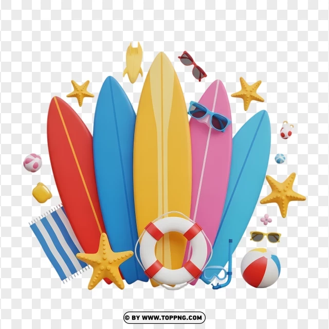 Colorful Surfboards With Starfish And Lifebuoy PNG Transparent Background