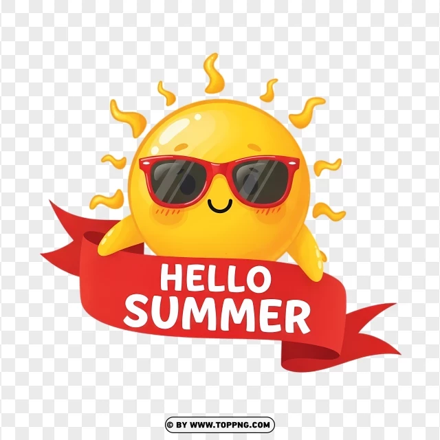 Cute Sun Character With Sunglasses Holding Hello Summer Banner PNG Transparent Background