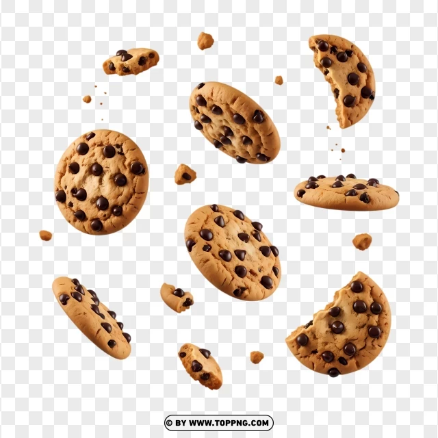 Floating Chocolate Chip Cookies With Crumbs PNG Transparent Background