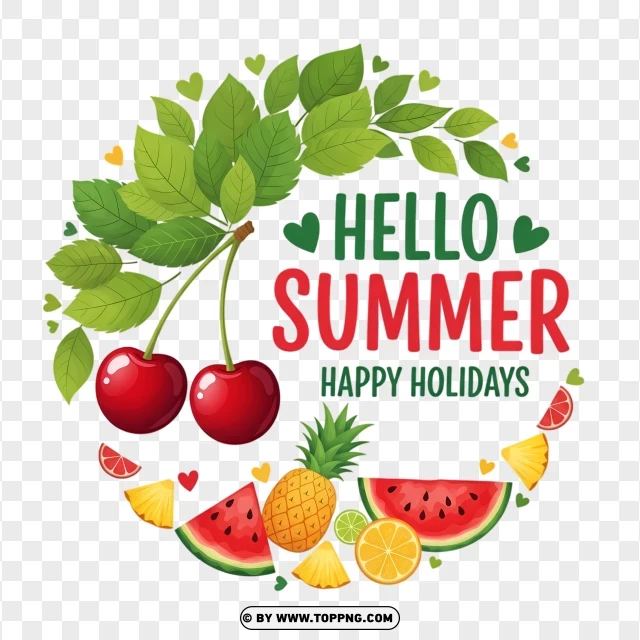 Hello Summer Cherry Illustration With Cute Red Fruit Design PNG Transparent Background