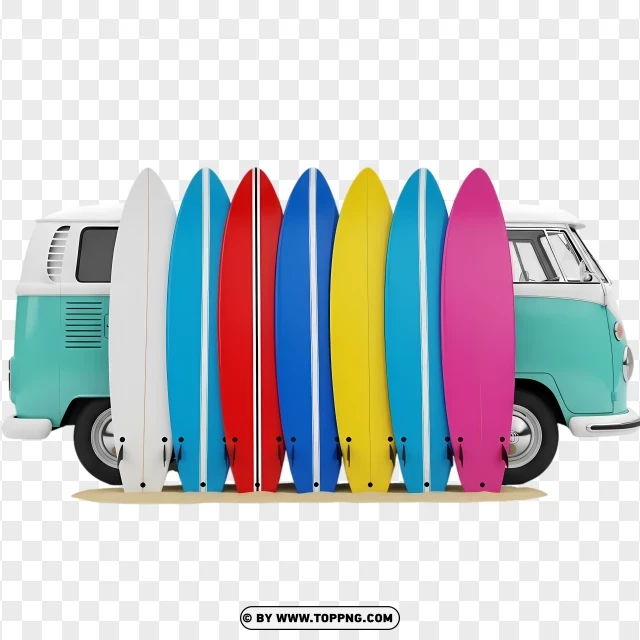 Multiple Colorful Surfboards With Van PNG Transparent Background