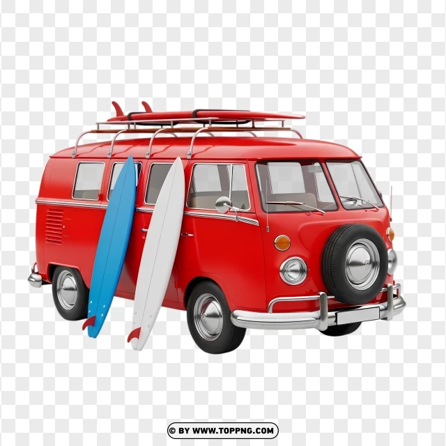 Red Camper Van With Surfboards On Roof PNG Transparent Background
