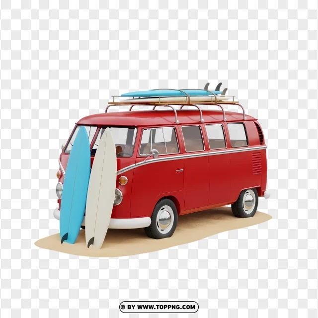Red Vintage Camper Van With Surfboards On Roof Rack PNG Transparent Background