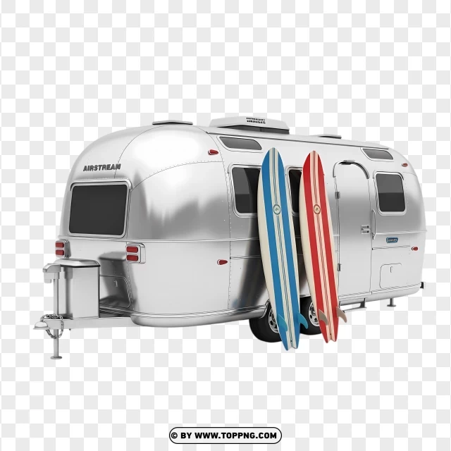 Silver Airstream Caravan With Surfboards PNG Transparent Background
