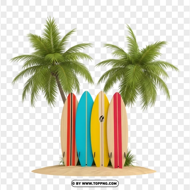 Surfboards On Sandy Beach With Palm Trees PNG Transparent Background