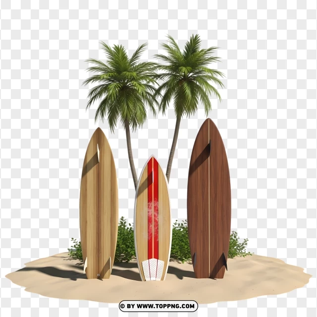 Vintage Surfboards On Tropical Beach With Palm Trees PNG Transparent Background