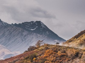 mountains, peak, car, off-road, nature 4k wallpaper